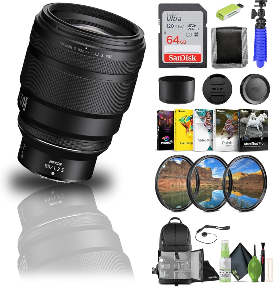 Nikon - NIKKOR Z 85mm f/1.2 S Standard Lens for Z Series Mirrorless Cameras (20114) + 64GB Memory Card + Filter Kit + Backpack + Card Reader + Corel Photo Software + Flex Tripod + More