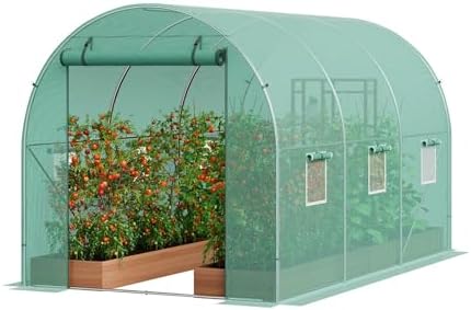 Polycarbonate Greenhouse Walk-in Green House Kit Garden Plants Grow,Large Greenhouse Walk in Tunnel with Steel Frame and Green PE Cover Hoop House Plant Hot House with Roll up Zipper Door (1