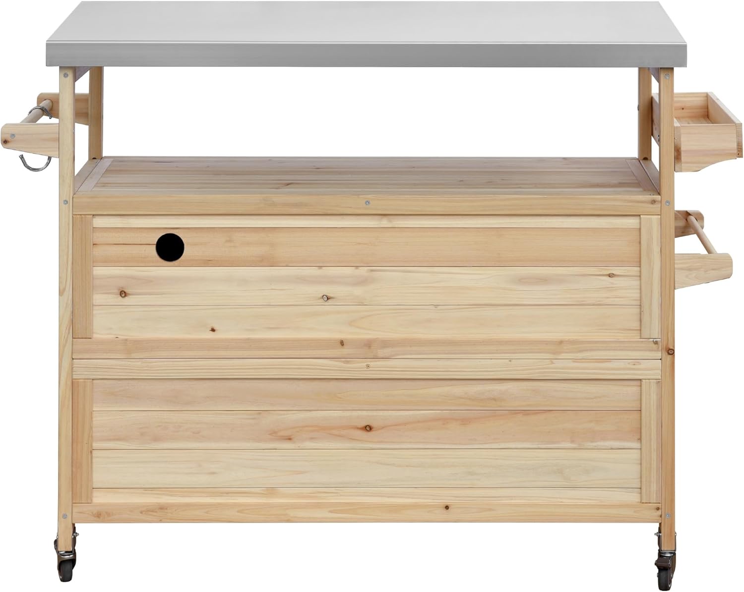 LUMISOL Outdoor Kitchen Island with Stainless Steel Top & Storage Cabinet, Farmhouse Solid Wood Grill Table with Internal Storage Rack, Outdoor Bar Cart with Spice & Towel Rack, Natural