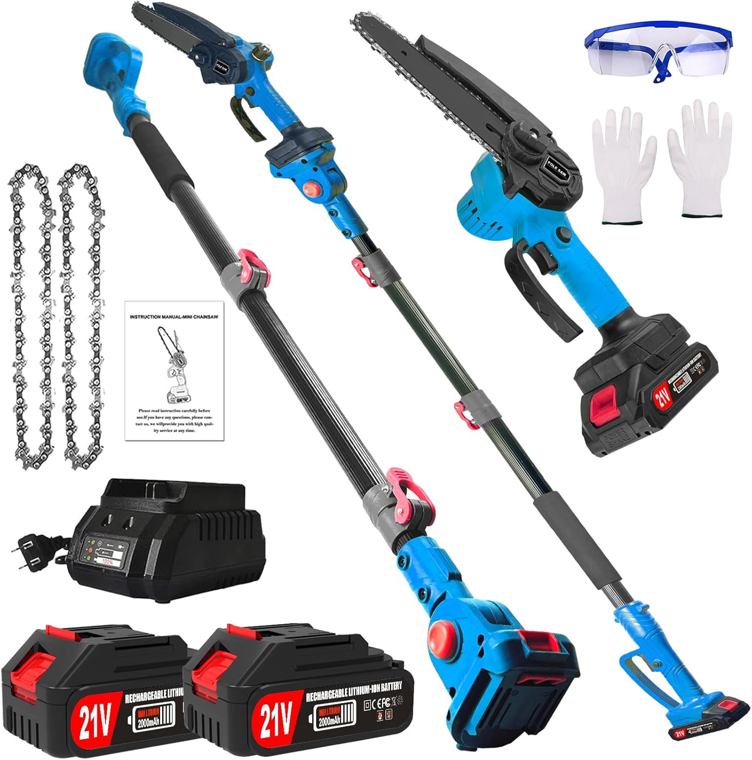 2-in-1 Electric Pole Saws for Tree Trimming, 6 Inch Cordless Pole Saw Battery Powered & Mini Chainsaw with 2× 21V Batteries & Charger & Extension Pole#54546