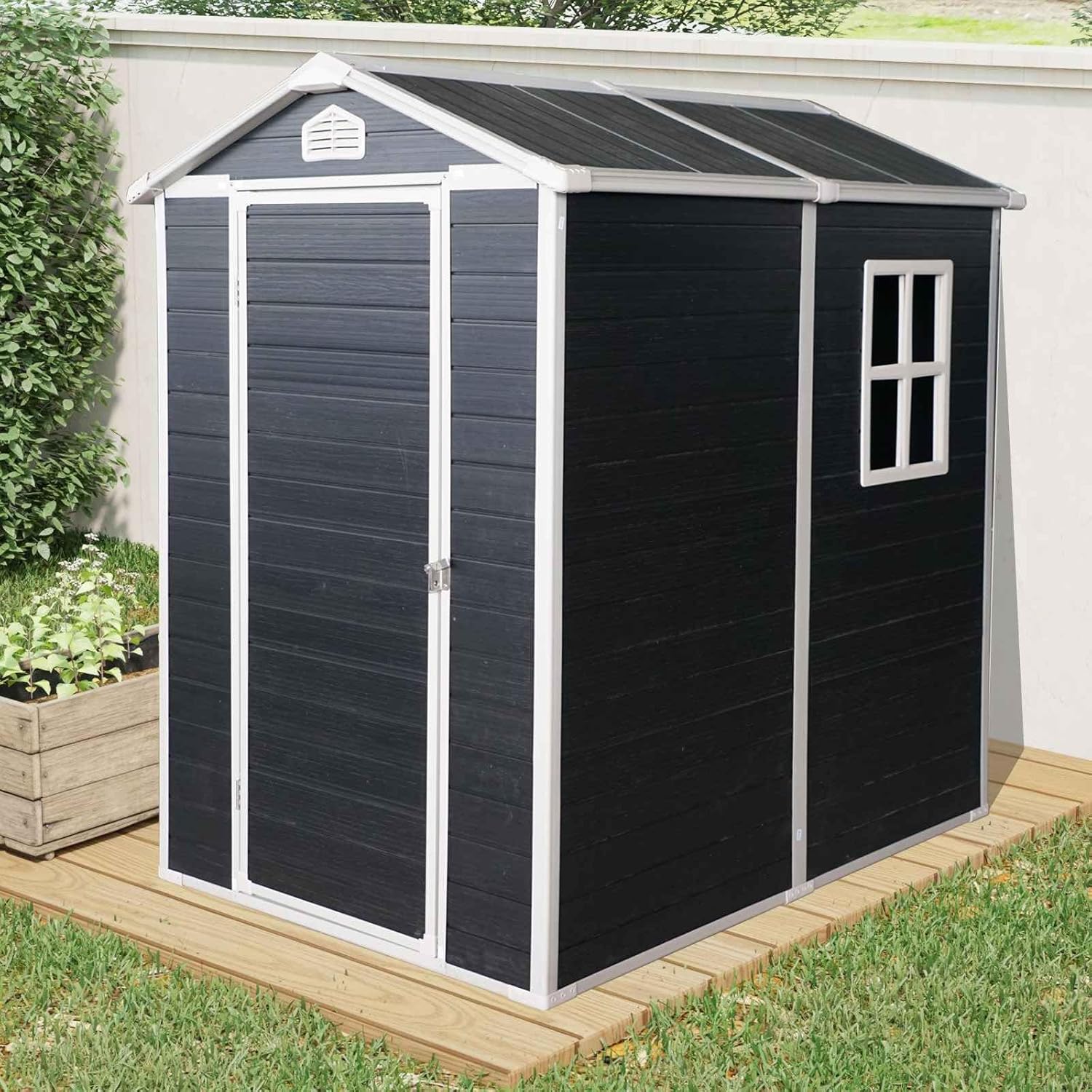 4x6 FT Outdoor Storage Shed with Floor, Waterproof Garden Tool House with Window & Air Vent, UV-Protected Plastic Utility Shed for Backyard Patio, Black