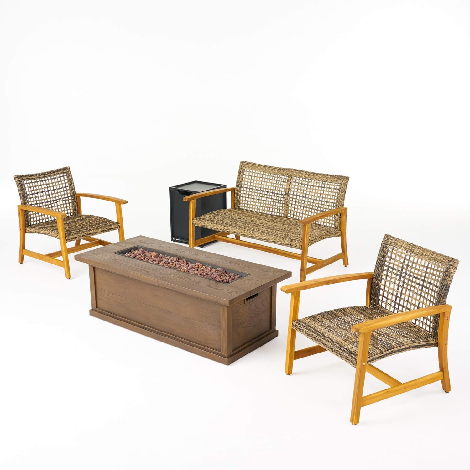 Great Deal Furniture GDFStudio Outdoor 5 Piece Wood and Wicker Chat Set with Fire Pit, Gray and Brown