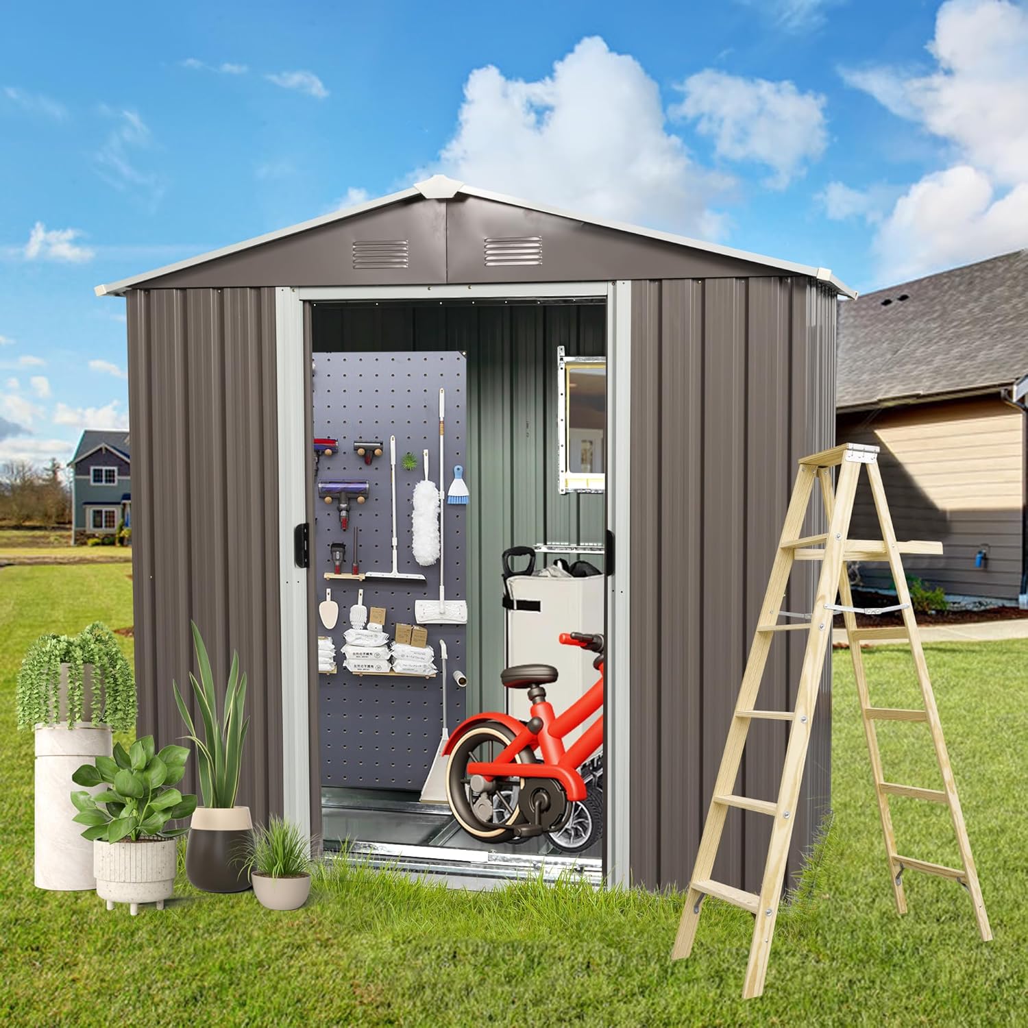 Favfurish 8 x 4 FT Outdoor Storage Shed, Large Metal Utility Garden Shed with Sliding Doors Sliding Doors, Waterproof Sloping Roof, Air Vents, Tool Storage House for Backyard Lawn, Gray