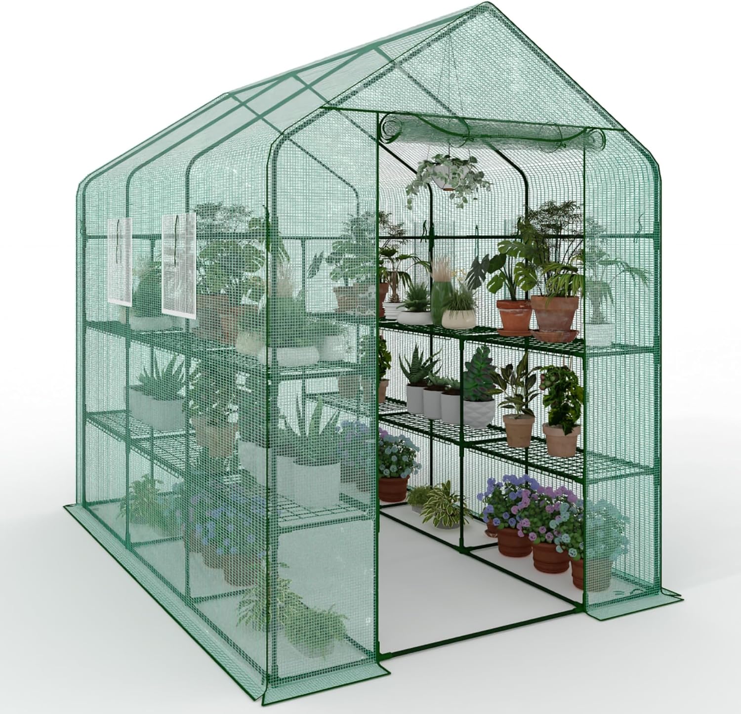 Greenhouse, 57 x 85 x 77'' Greenhouses for Outdoors, with Mesh Side Windows, PE Cover, 8 Shelves, Heavy Duty Walk in Green House for Backyard Garden Indoor, White& Green Outside