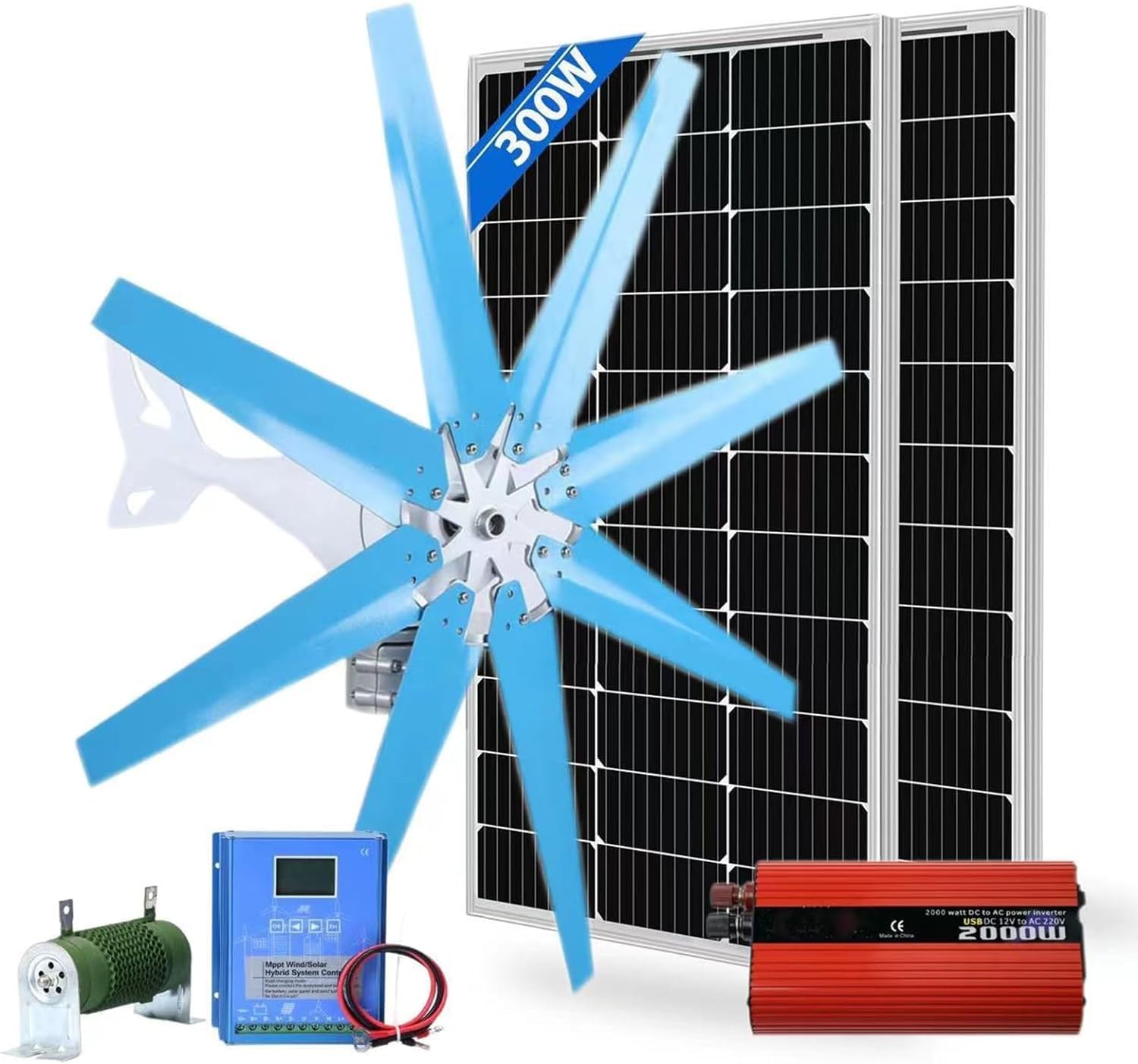 CHRISK 5000W 8-Bladed Wind Turbine Generator Kit Wind Turbine Generator + Wind Turbine Controller + 2000W Inverter + 150W *2 Solar Panels