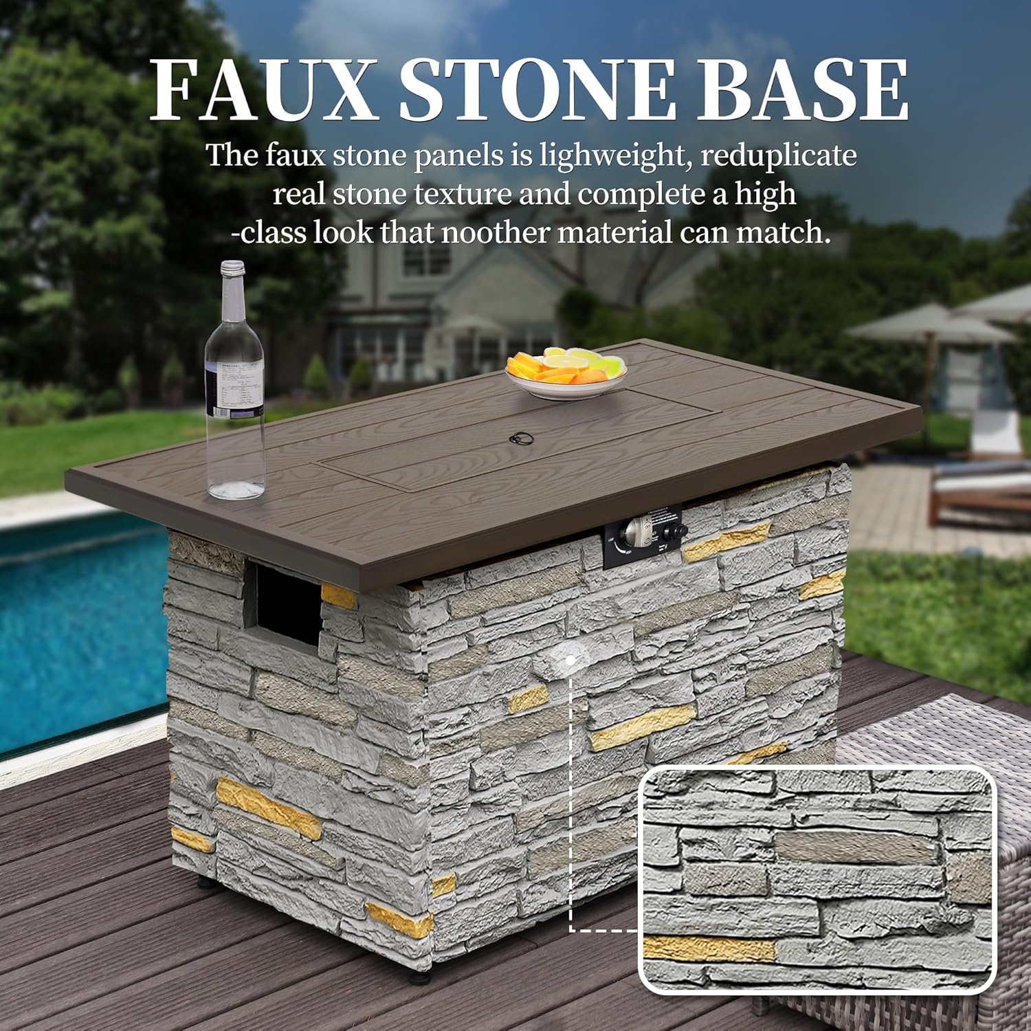 PIZZELLO 43 Inch Propane Fire Pit Table Outdoor Stone Firepit Table Rectangular 50000 BTU Propane Fire Tables for Outside Patio with Wind Guard, Table Lid, Fire Beads, Cover,Pizzello Caldo (Gray)