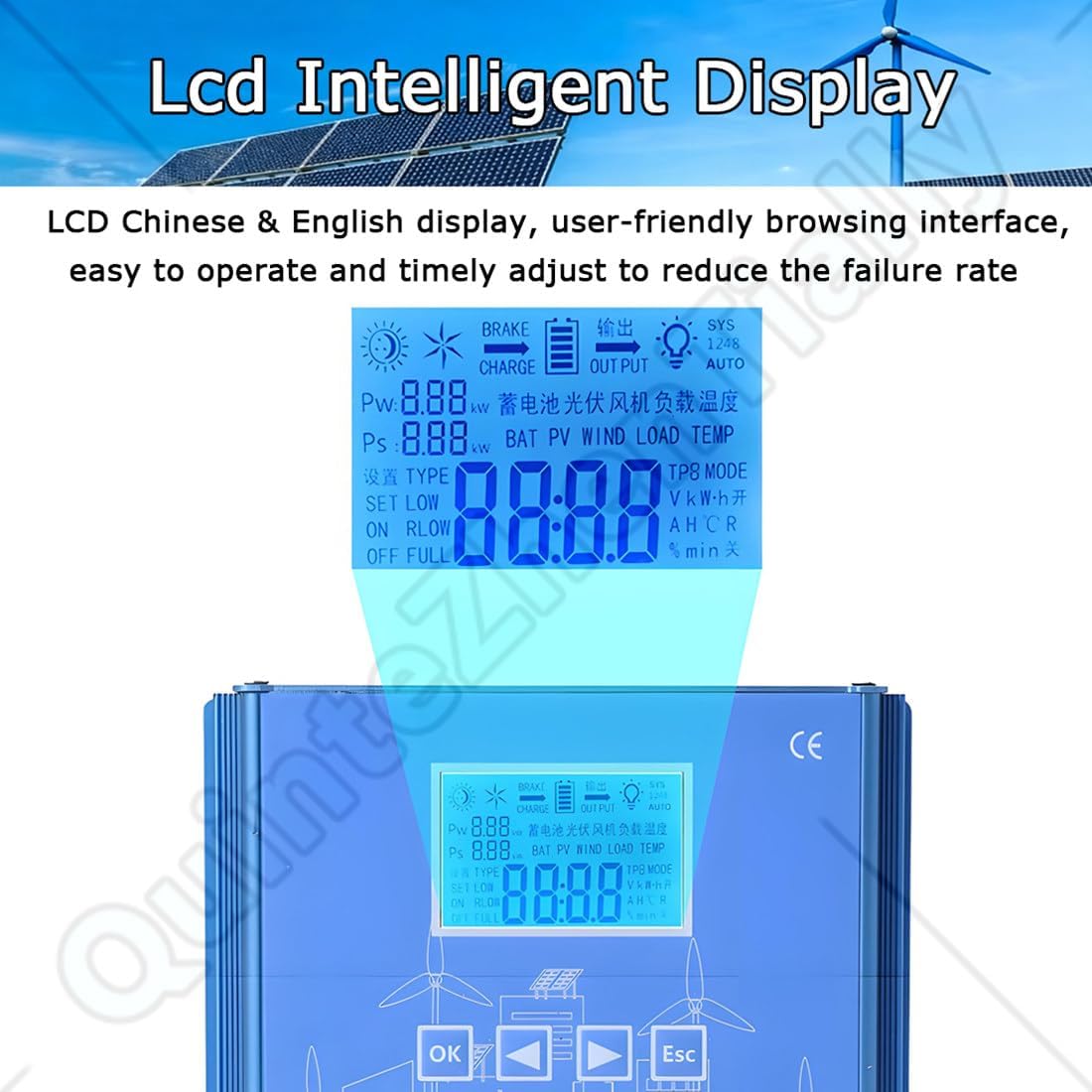 12v/24v LCD Display Mppt Boost Charging Multifunctional Wind Solar Controller,Wind Solar Hybrid Controller with Dump Load, Operating Temperature Range -20℃ - 55℃,for Residences 8000W