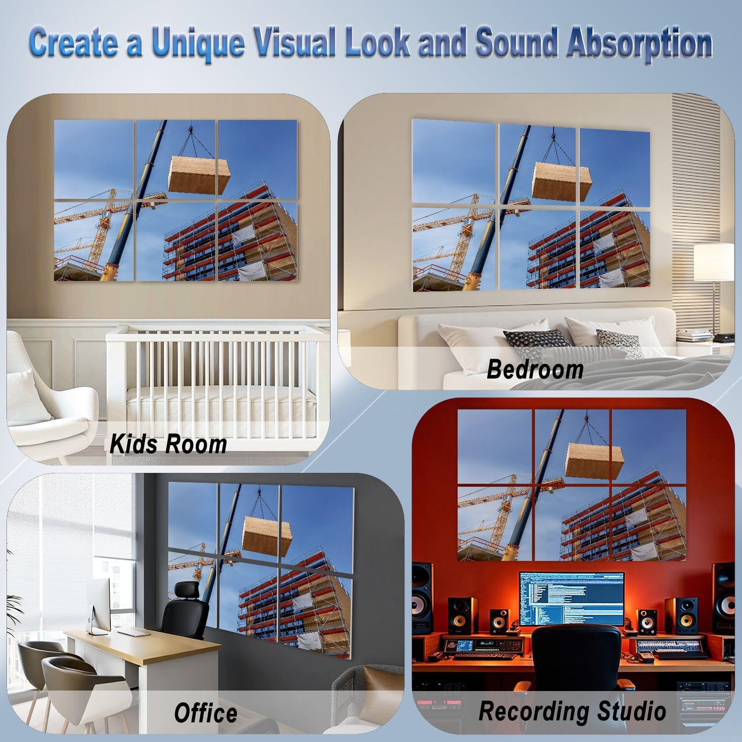 6 Pack Art Acoustic Panels Self Adhesive Crane lifting prefabricated wooden building module to its position Decorative Soundproof Wall Panels Sound Absorbing Panel 48