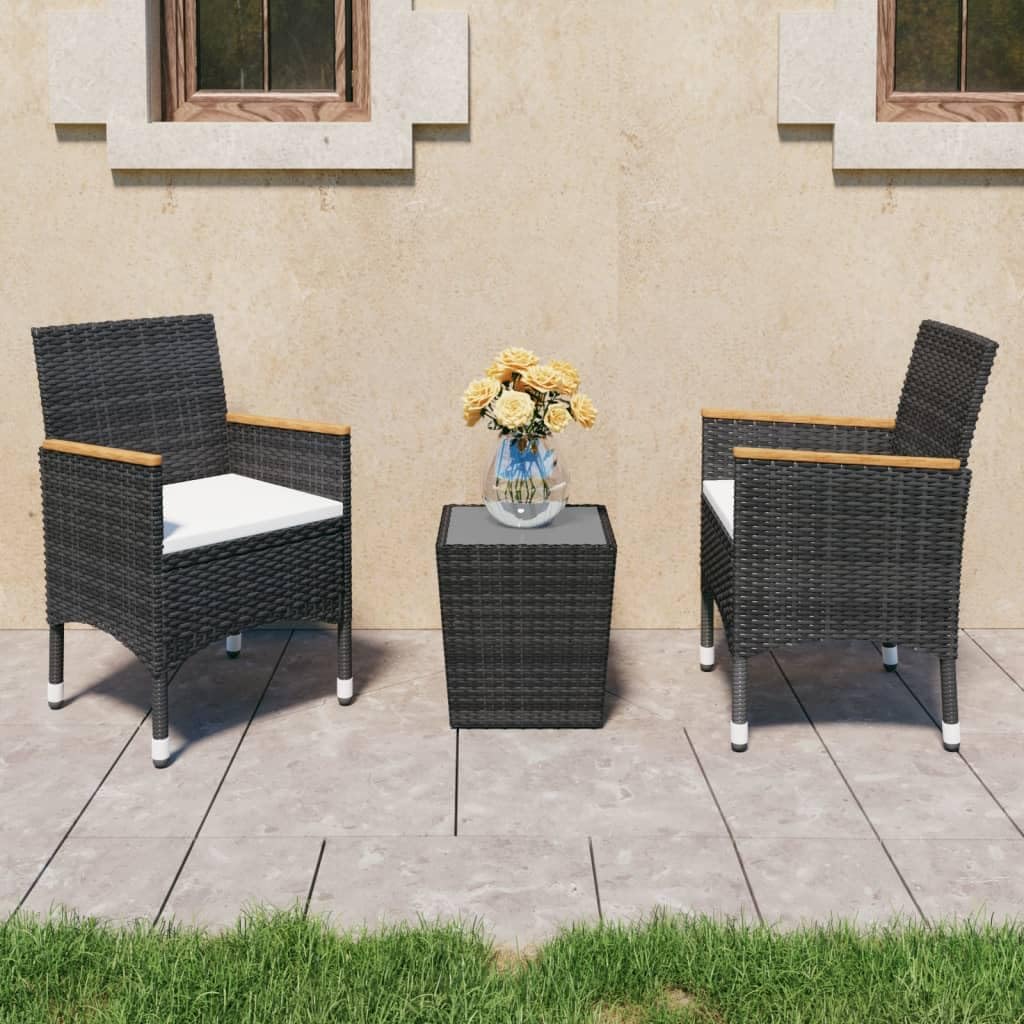3 Piece Bistro Set Poly Rattan and Tempered Glass Black,Outdoor Bistro Set 3Piece: WeatherResistant Patio Furniture for Balcony, Deck, and Backyard Patio Furniture, Outdoor Furniture Sets