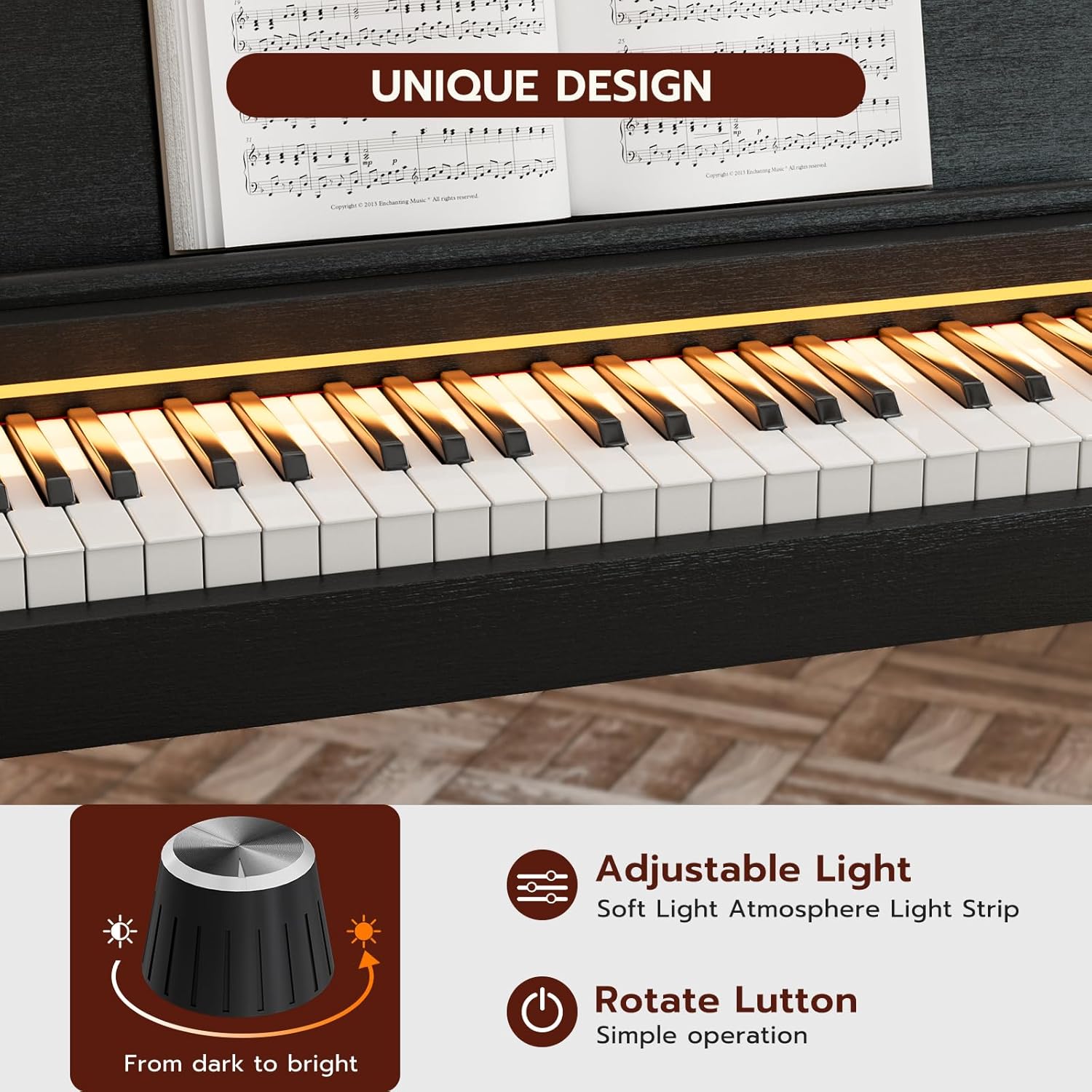 UMOMO UM-725 88 Key Weighted Digital Piano with Adjustable Light, 88 Key Progressive Hammer-action Keyboard Piano for Beginners with MIDI, Black