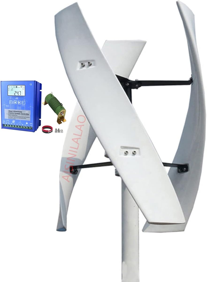1000W Vertical No Noise Wind Turbine Kit, 12V 24V 48V 360° Rotating 3 Blade Vertical Wind Turbine with Charging Controller, Suitable for Home Street Lighting(White)