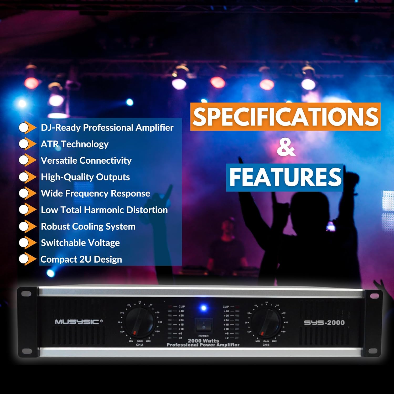 MUSYSIC Stereo Audio Amplifier-2000Watts Amplifier Audio- 2 Channel Power Amplifier System Home Theater Sound System 1/4 Inch Inputs