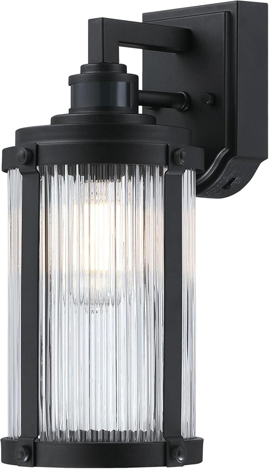 Westinghouse 6120600 Armin Vintage-Style One Light Outdoor Wall Fixture with Motion Sensor, Textured Black Finish, Clear Ribbed Glass