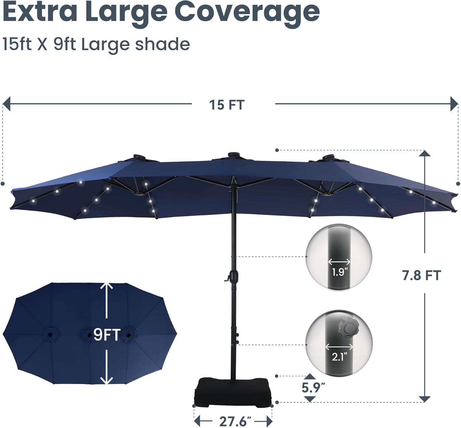 PHI VILLA 15ft Large Patio Umbrella with Solar Lights, Double-Sided Outdoor Market Rectangle Umbrellas with 36 LED Lights, Umbrella Base (Stand) Included, Navy Blue