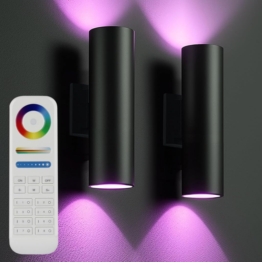 Modern Up and Down Lights Outdoor Wall Sconce, Remote Control Color Changing RGB+CCT Outdoor Wall Light for House and Garage, Exterior Light Fixture Cylinder Wall Mount with Smart Bulb (2 Pack)