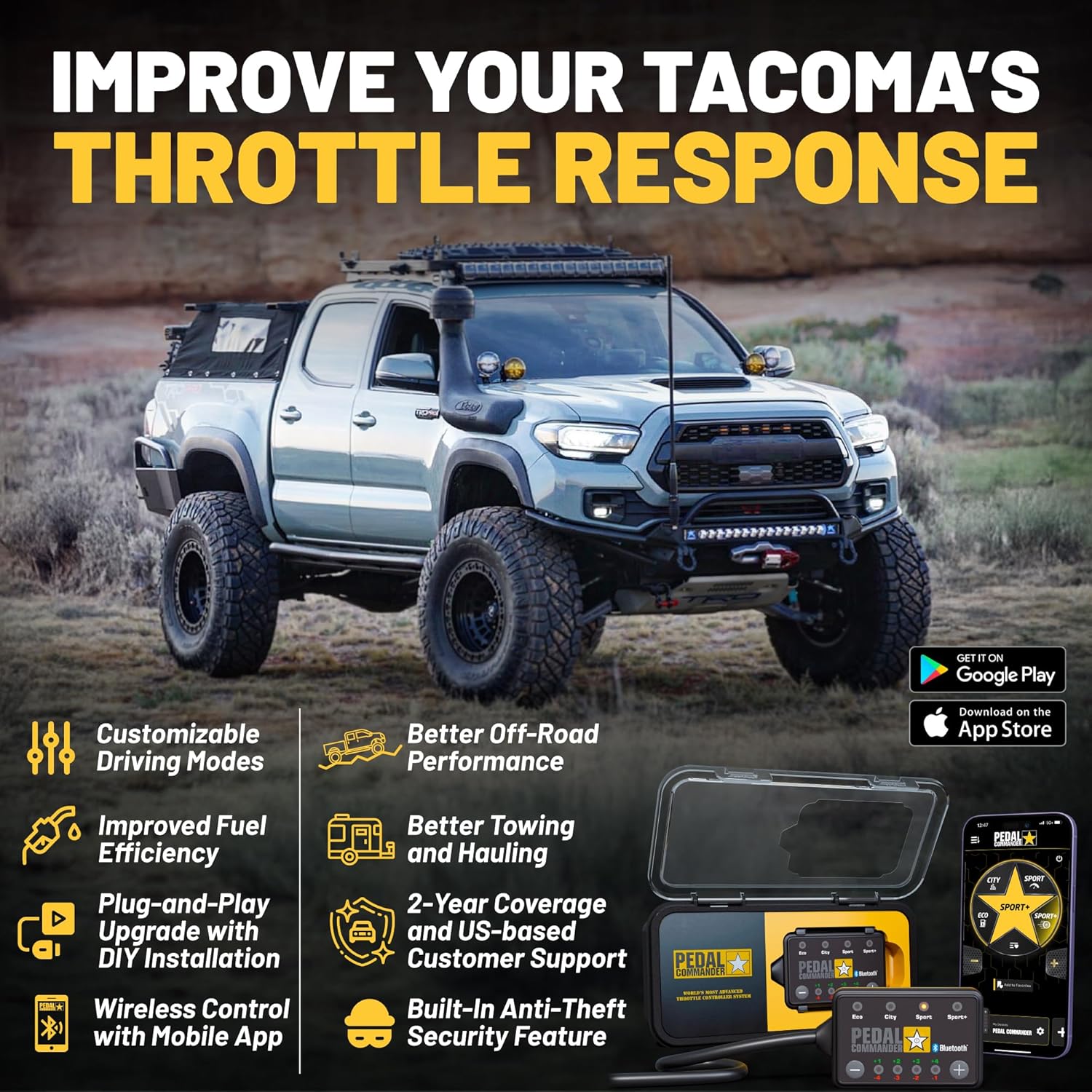 PEDAL COMMANDER Throttle Response Controller Compatible with Toyota Tacoma 2005-2023, Plug-and-Play Upgrade, 4 Driving Modes, App Control and Anti-Theft, Off-Road Performance Mods, Tacoma Accessories