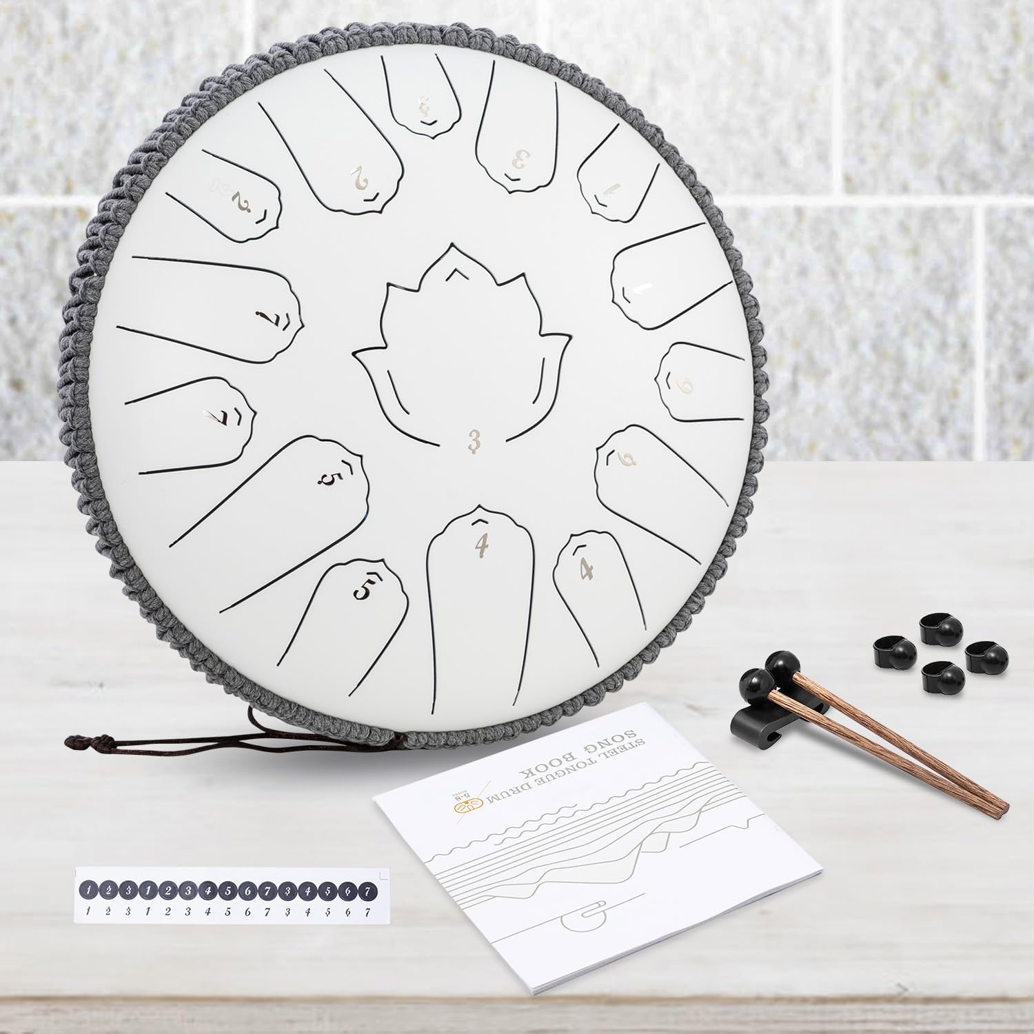Steel Tongue Drum 13 Inch 15 Notes,Hand Drums with C-Key Travel Bag Drumsticks Holder Finger Paddles and Music Book,Handpan Percussion for Musical Education Meditation Yoga Gifts(Titanium White)