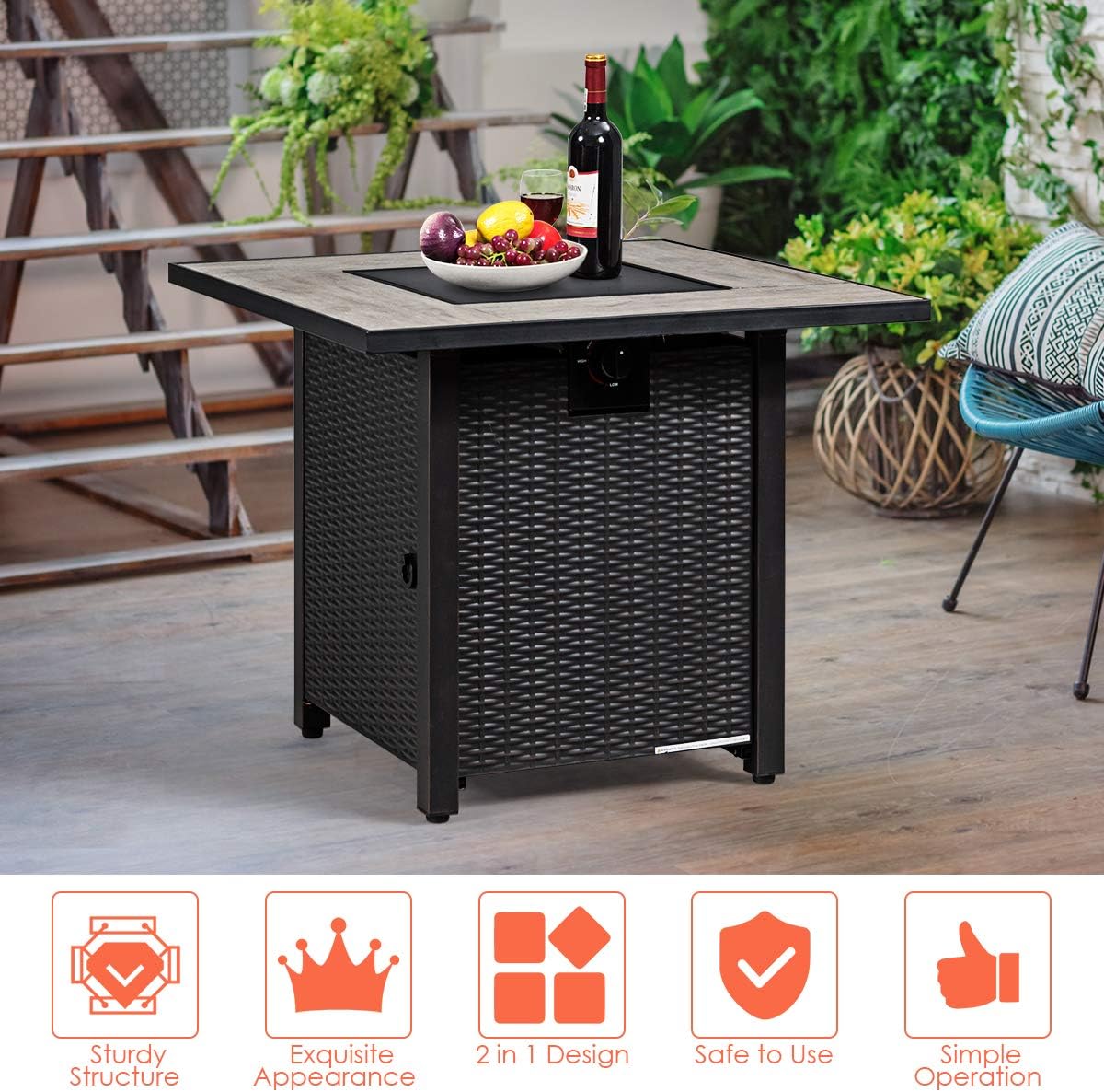 30-Inch Fire Table Outdoor, 50,000 BTU Gas Fire Pit Table with Ceramic Tiles Tabletop, Lid, Lava Rock, Electric Igniter & Hideaway Tank Holder, Propane Fire Table for Outside, Patio(Black)