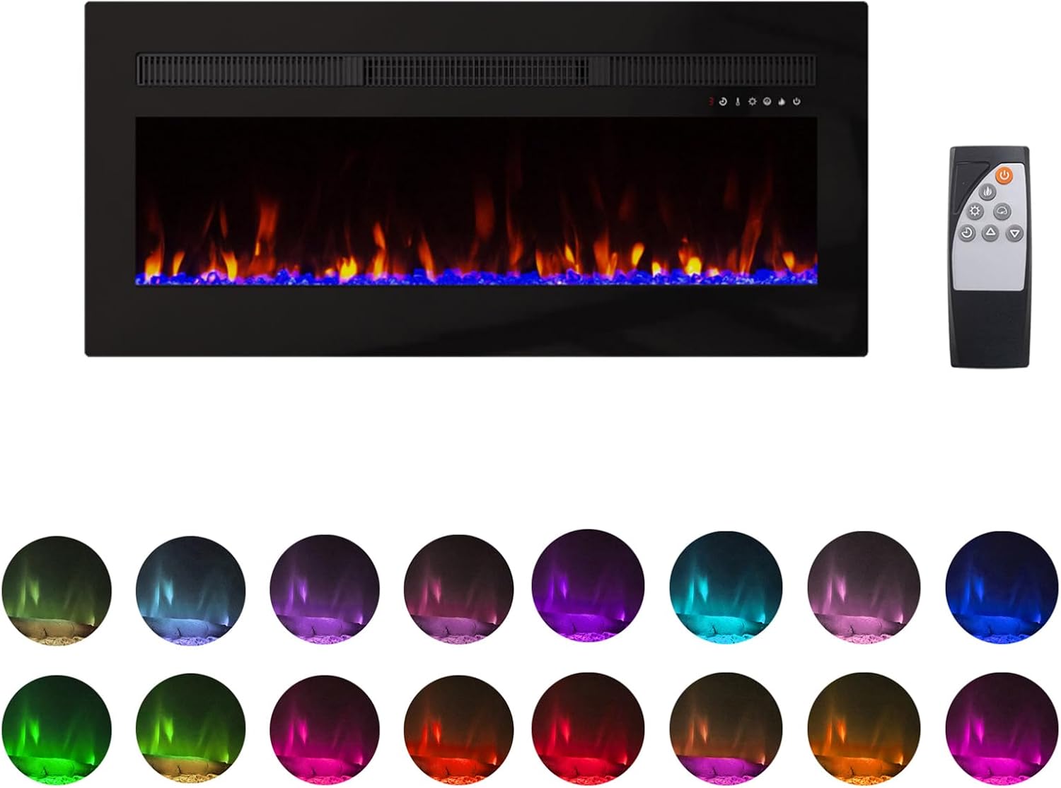 Panana Electric Fireplace Heater Wall Mounted, 60 inch Wide Recessed Electric Fireplace, 1400W, 8H Timer, 20 Color Flame, Remote Control, Log Set & Crystal