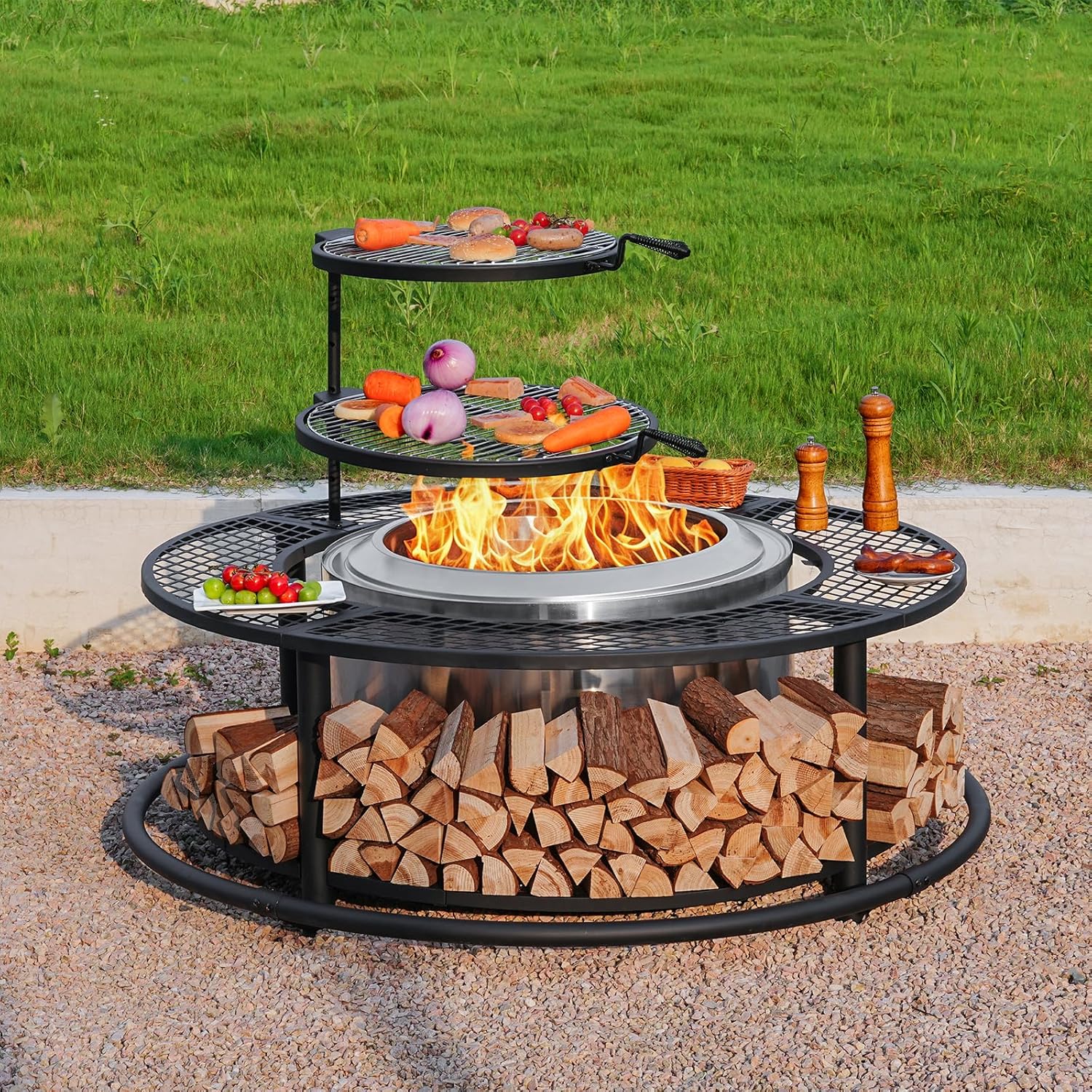 50 Inch Fire Pit Surround Tabletop for Smokeless Fire Pit, Outdoor Surround Table with 2 Grill Grates and Firewood Storage Shelf, Protective Barrier for Safety & Extra Space (Stove not Included)