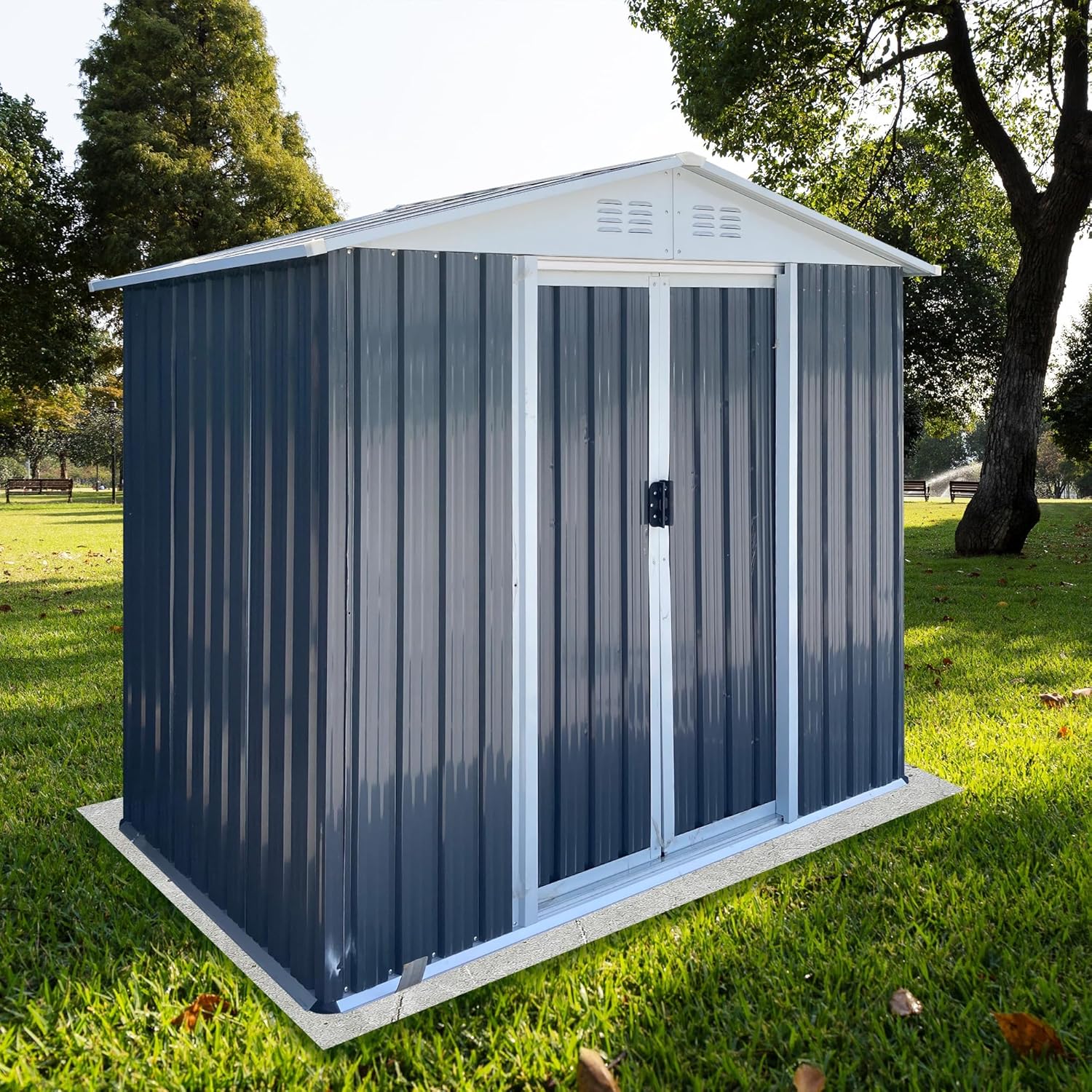 Outdoor Storage Shed, Compact Steel Tool Shed with Ventilation Windows, Outdoor Tool Bike Storage Garden Shed Tool House(with Metal Base,6X4 FT)