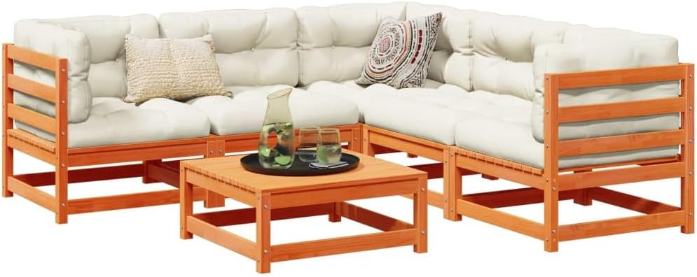 6 Piece Patio Sofa Set Wax Brown Solid Wood Pine,Durable Outdoor Sofa Set: Solid Pinewood Furniture for Patio and Backyard Relaxation Patio Furniture Sets