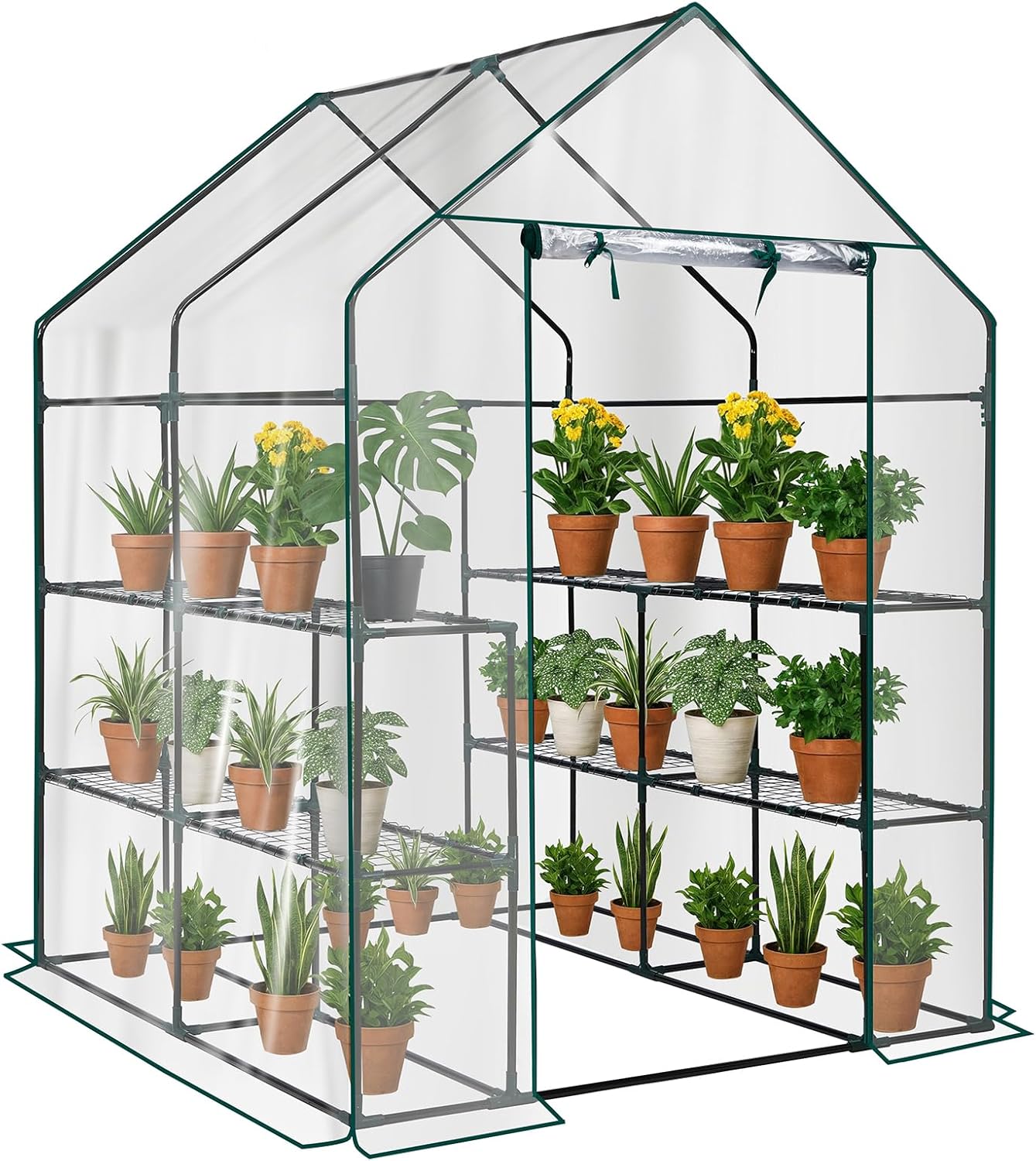Outvita Walk-in Greenhouse, Outdoor Durable PVC Plant Green House for Frost Protection with 3 Tiers 8 Shelves, Shelf Clips, Roll-up Zipper Door, 56