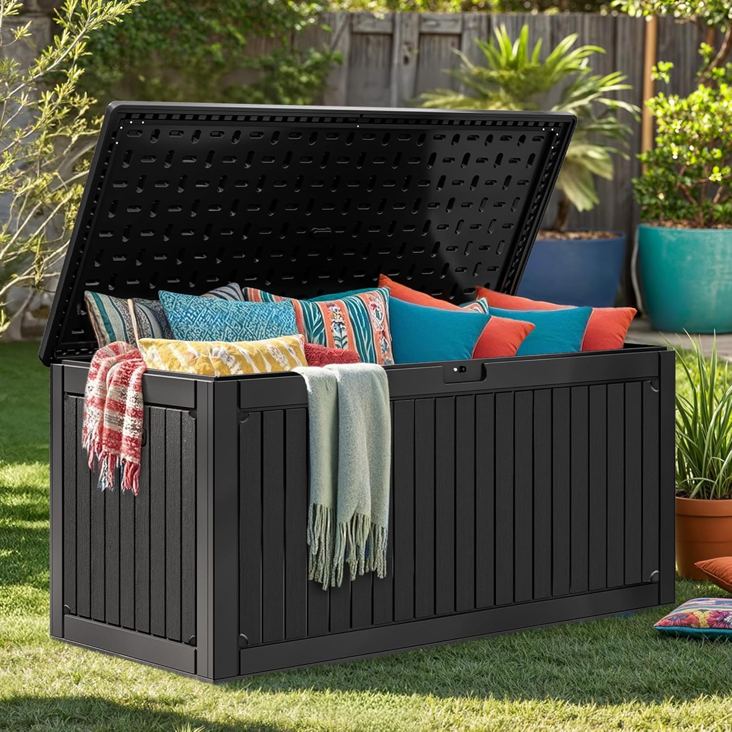DWVO 260 Gallon Resin Outdoor Storage Box, XXL Double-Wall Waterproof Deck Box with Divider, Doubles as Table or Seating with 1000 lbs Capacity, Lockable (Black)