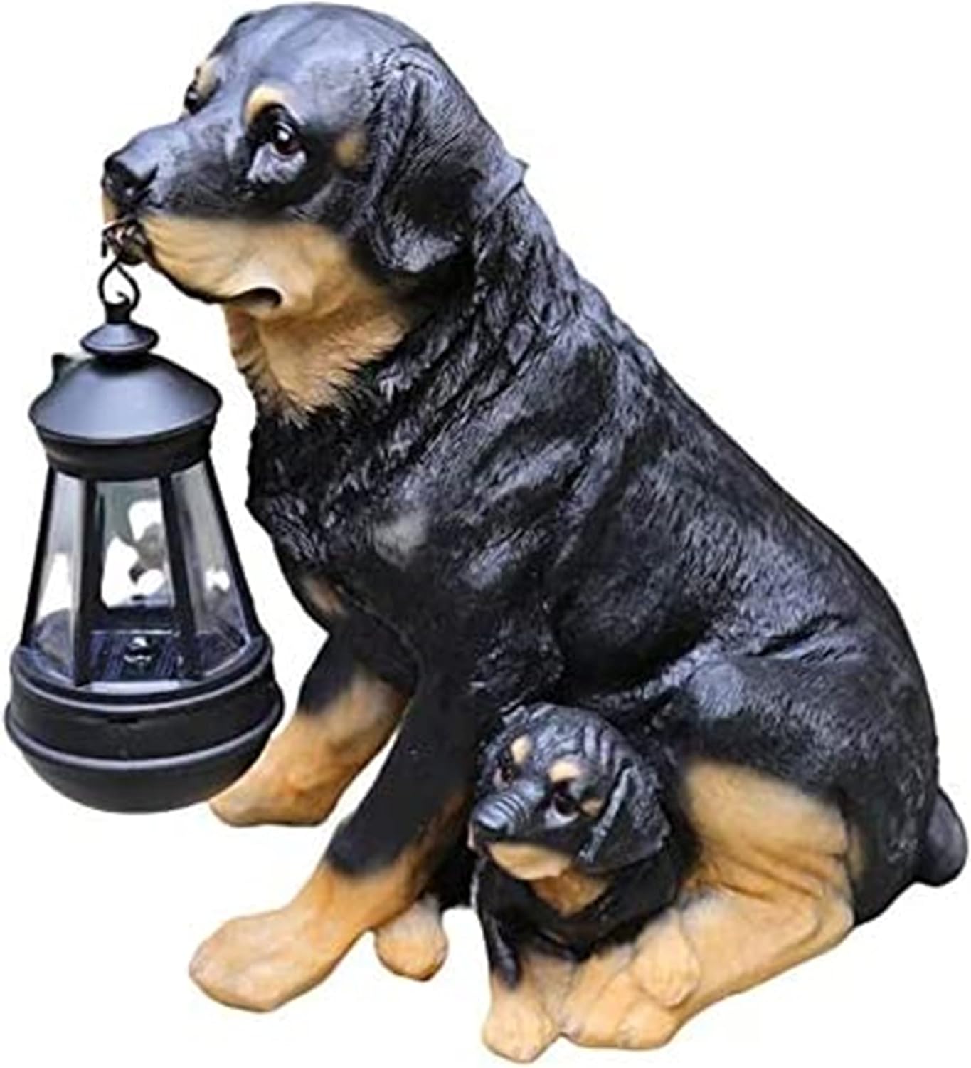 Rottweiler Family Outdoor Statue with Solar Lights, Home Garden Decoration Windproof Lamp, Realistic Dog Figurine Decor, Dog Garden Statues with Solar Lantern