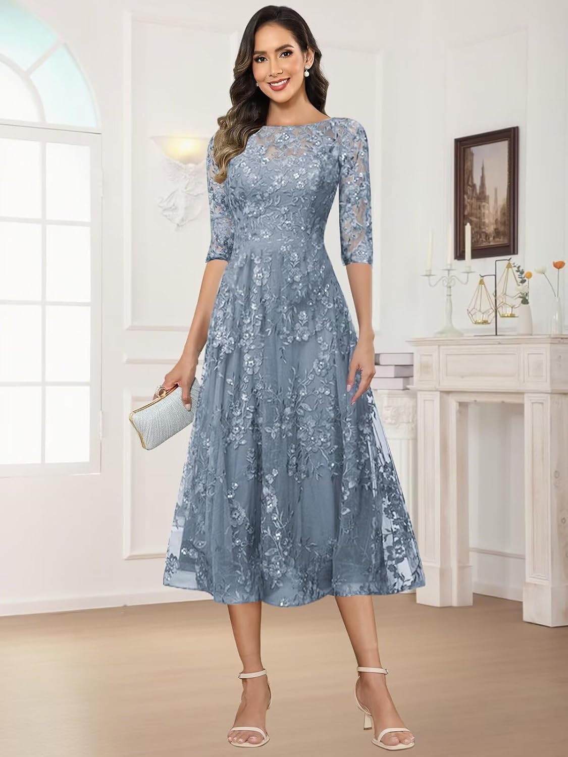 Lace Applique Mother of The Bride Dresses A Line 3/4 Sleeve Evening Formal Cocktail Dresses for Women