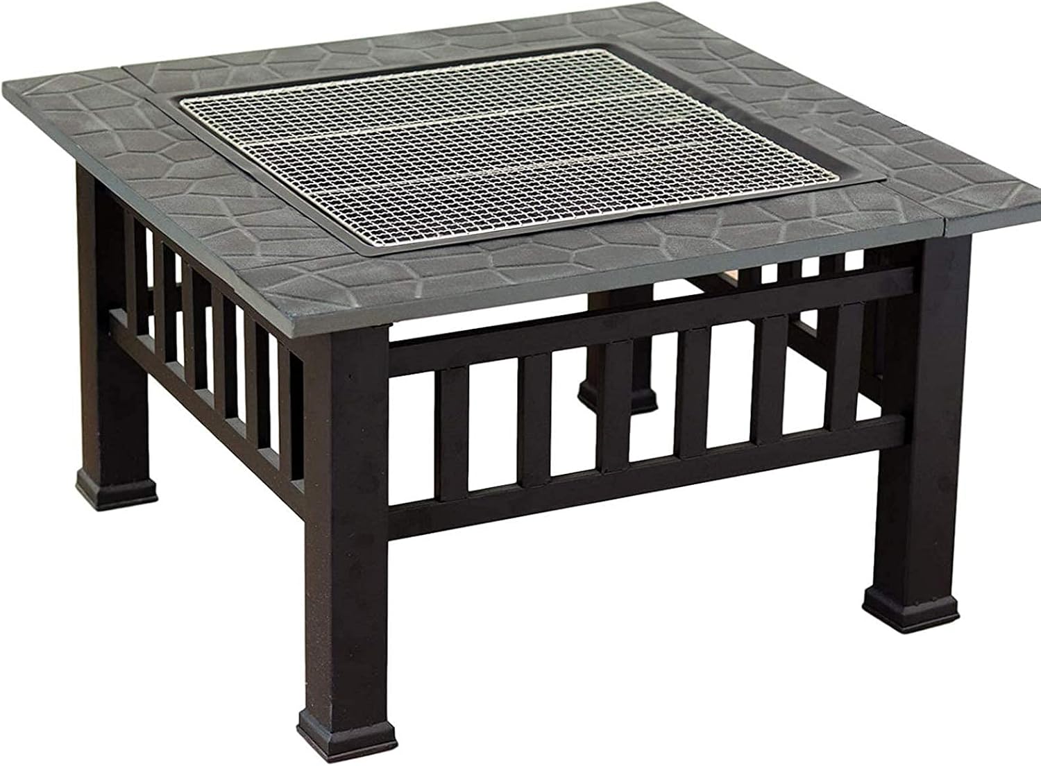 Outdoor Fire Pits,Metal Square Firepit Patio Stove BBQ Grill Fire Pit Bowl with Spark Screen Cover,Log Grate,Poker