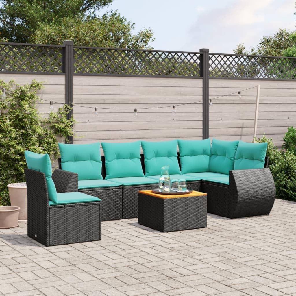 7 Piece Garden Sofa Set with Cushions, Black Poly Rattan Outdoor Furniture, UV-Resistant Patio Dining Sets for Backyard Terrace