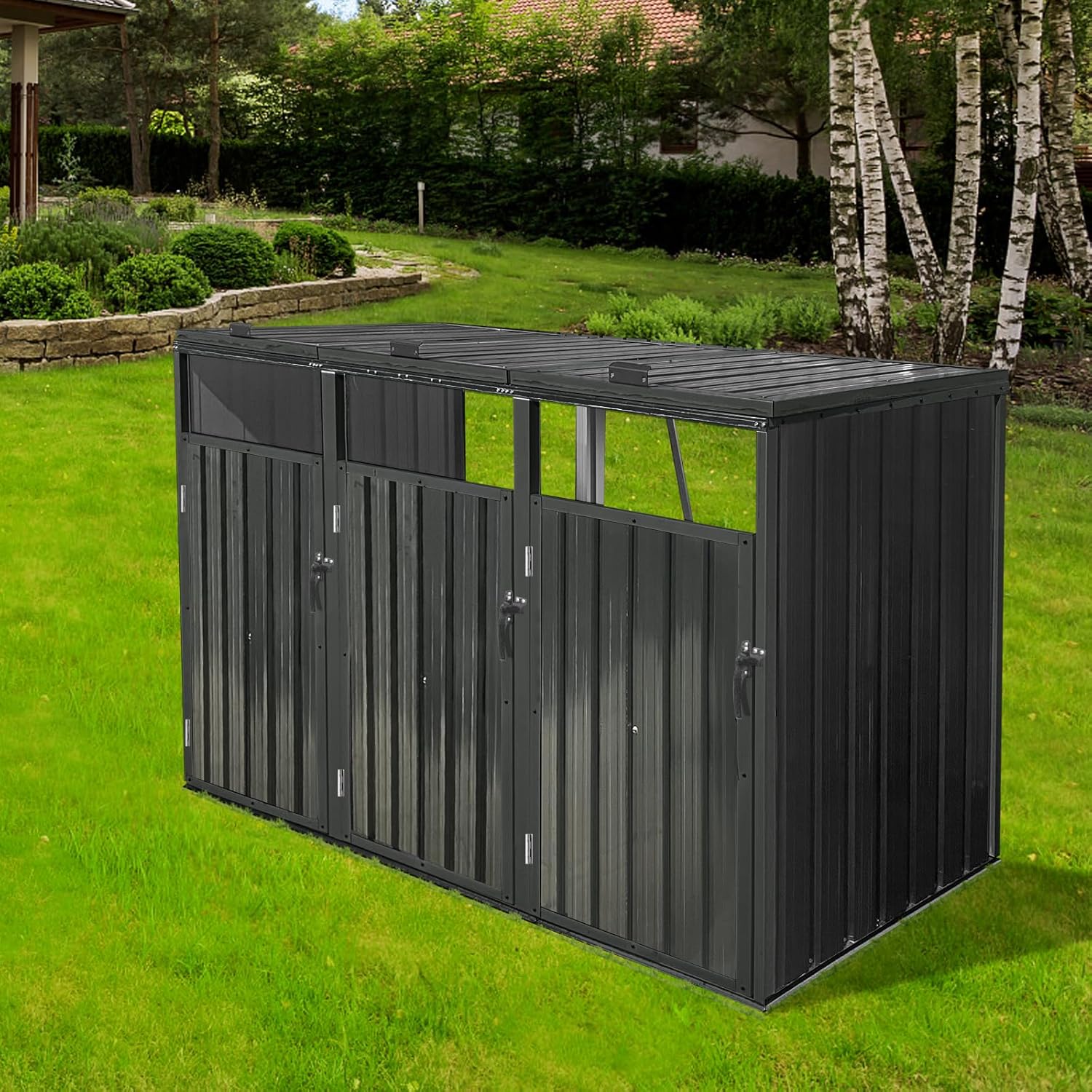 Outdoor Storage Shed Stores 3 Trash Cans Garbage Bin Shed Convenient Lid and Spring Horizontal Storage Cabinet Waterproof Ventilated Lockable Metal Black Easy to Put and Clean