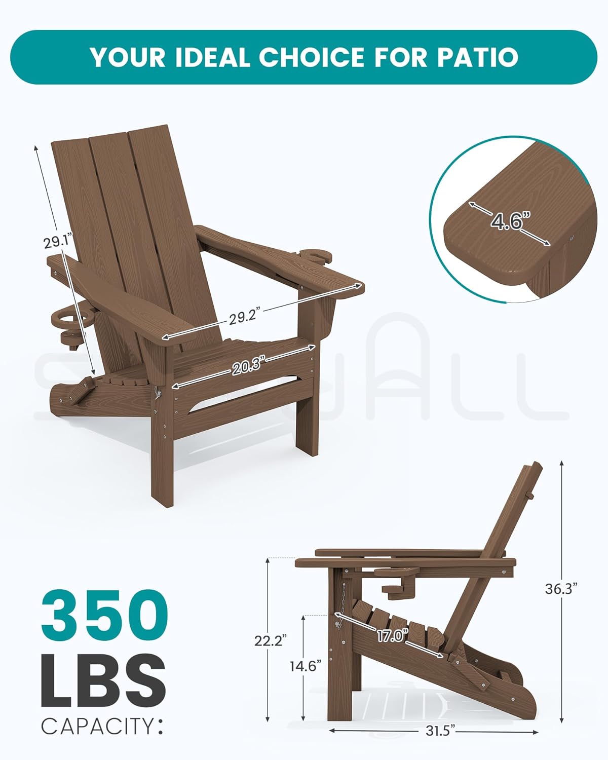 SERWALL Modern Adirondack Chair, Folding Adirondack Chair with Cup Holders, Outdoor HDPE Fire Pit Chair for All Weather Use, Brown