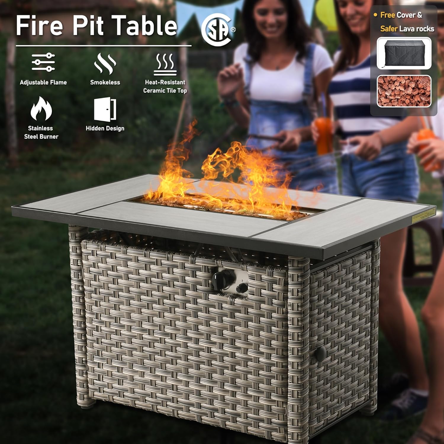 HOOOWOOO Outdoor Patio Furniture Set with Fire Pit Table,11 Pieces Wicker Out Door Sectional Furniture L Shaped Couch,Outside Patio Conversation Swivel Chair Sets,Light Gray