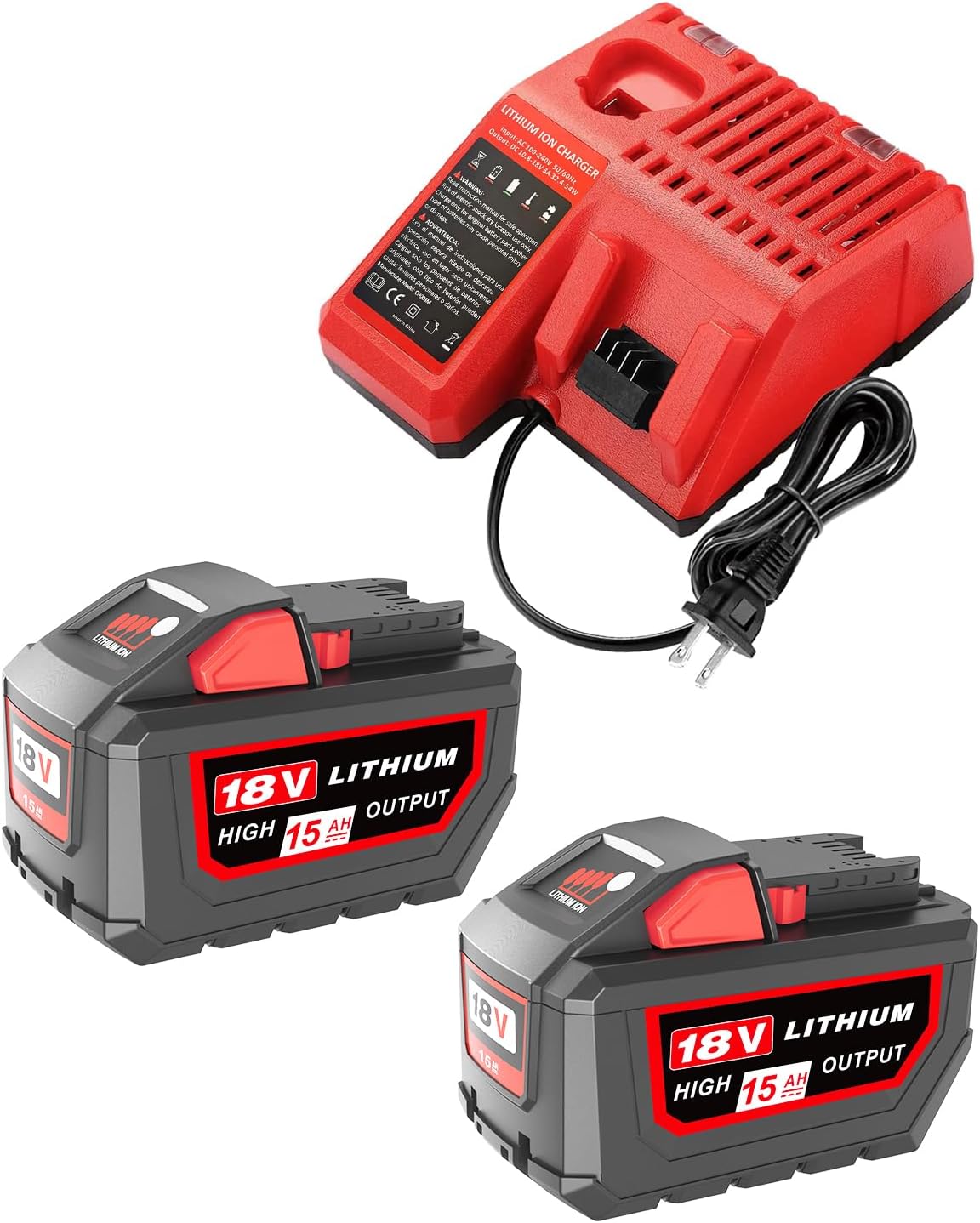 HOCHSTERN 2 Pack 15.0Ah Replacement for Milwaukee M-18 Battery and Charger Combo Compatible with Milwaukee 18V Battery and 18 Volt Cordless Power Tools