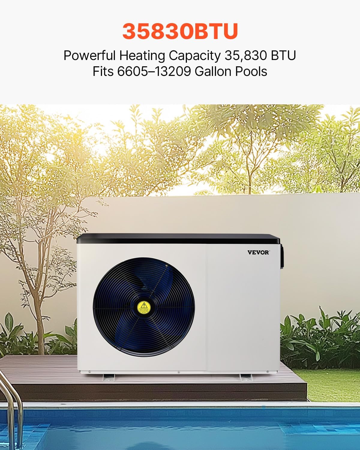 VEVOR Electric Pool Heat Pump, 35,830 BTU, Fits 6,605-13,209 Gallon Above & In-Ground Pools, Low Noise Heating & Cooling, Energy-Saving Water Heater AC208-230V 60Hz