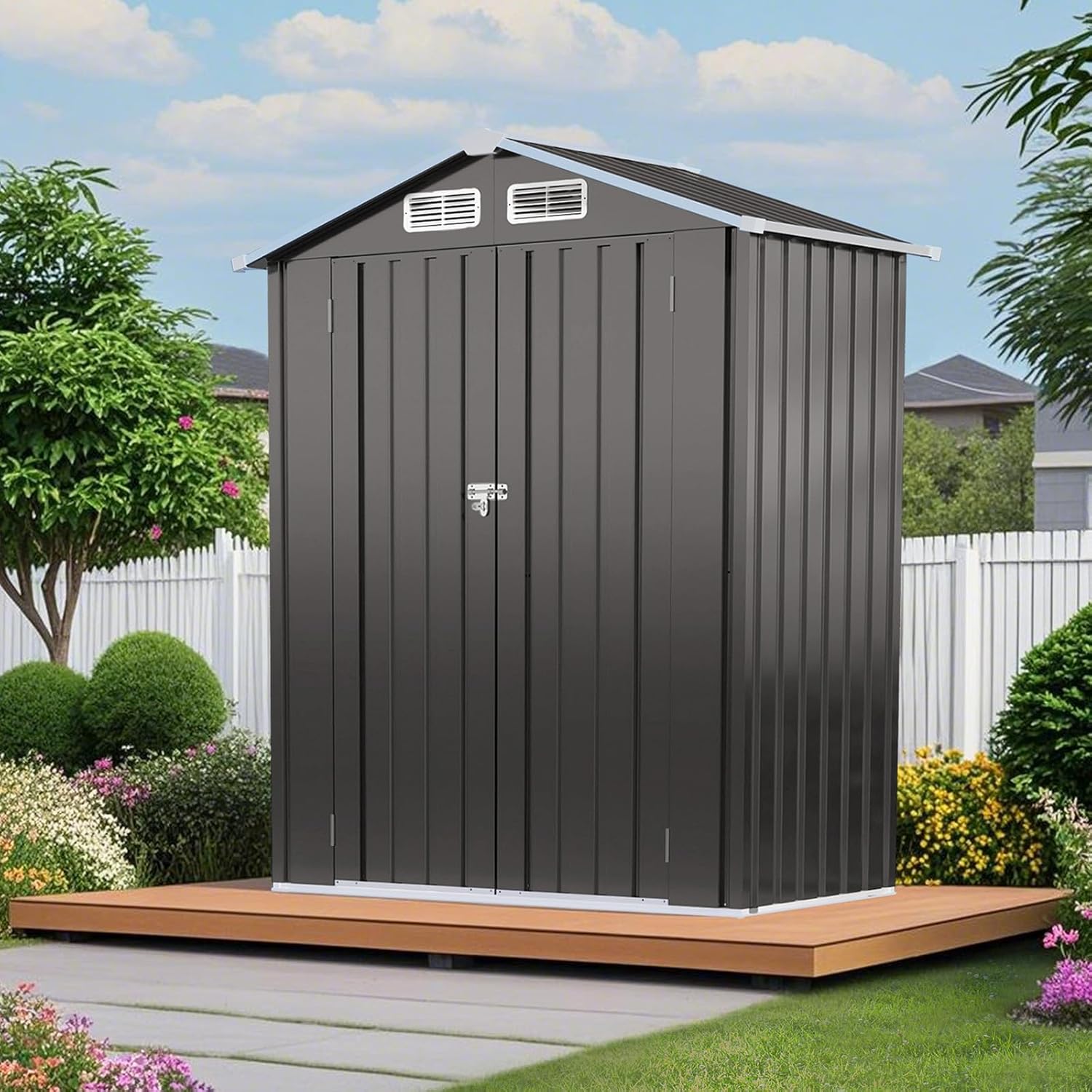 Outdoor Storage Shed 5 x 3 FT Metal Tool Shed with Peaked Roof, Compact Metal Garden Shed Anti-Corrosion Storage House with Lockable Door for Backyard, Patio, Sundries, Gray (Peaked roof)