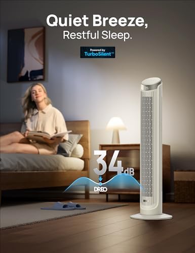 Dreo Smart Tower Fan for Bedroom, Standing Fans for Indoors, 90° Oscillating, 26ft/s Velocity Quiet Floor Fan with Remote, 12H Timer, Voice Control Fans for Indoors, Compatible with Alexa