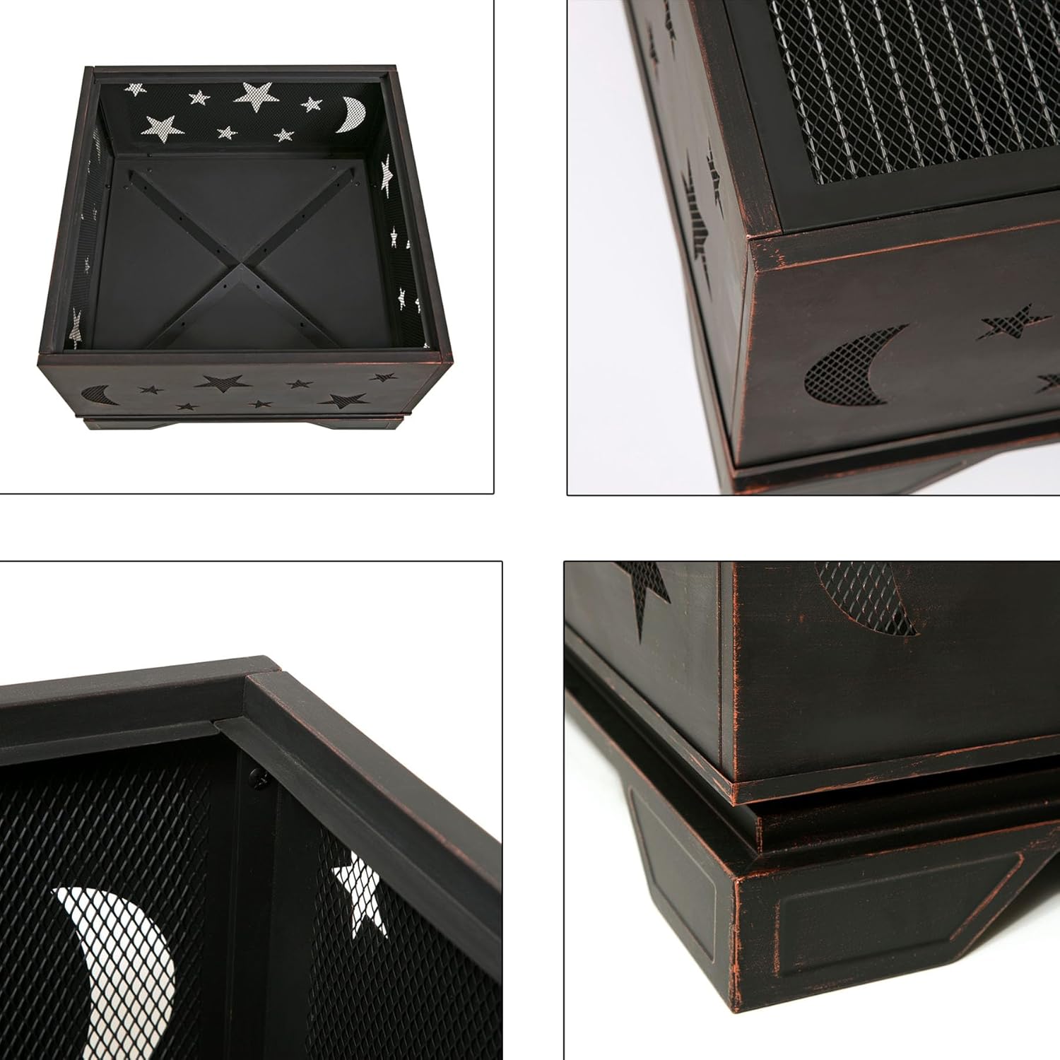 26 Inch Wood Fire Pits & Outdoor Fireplaces with Poker, Patio Fire Pit with Grill, Square Firepits for Outside, Backyard, Camping, BBQ,Steel, Heavy Duty