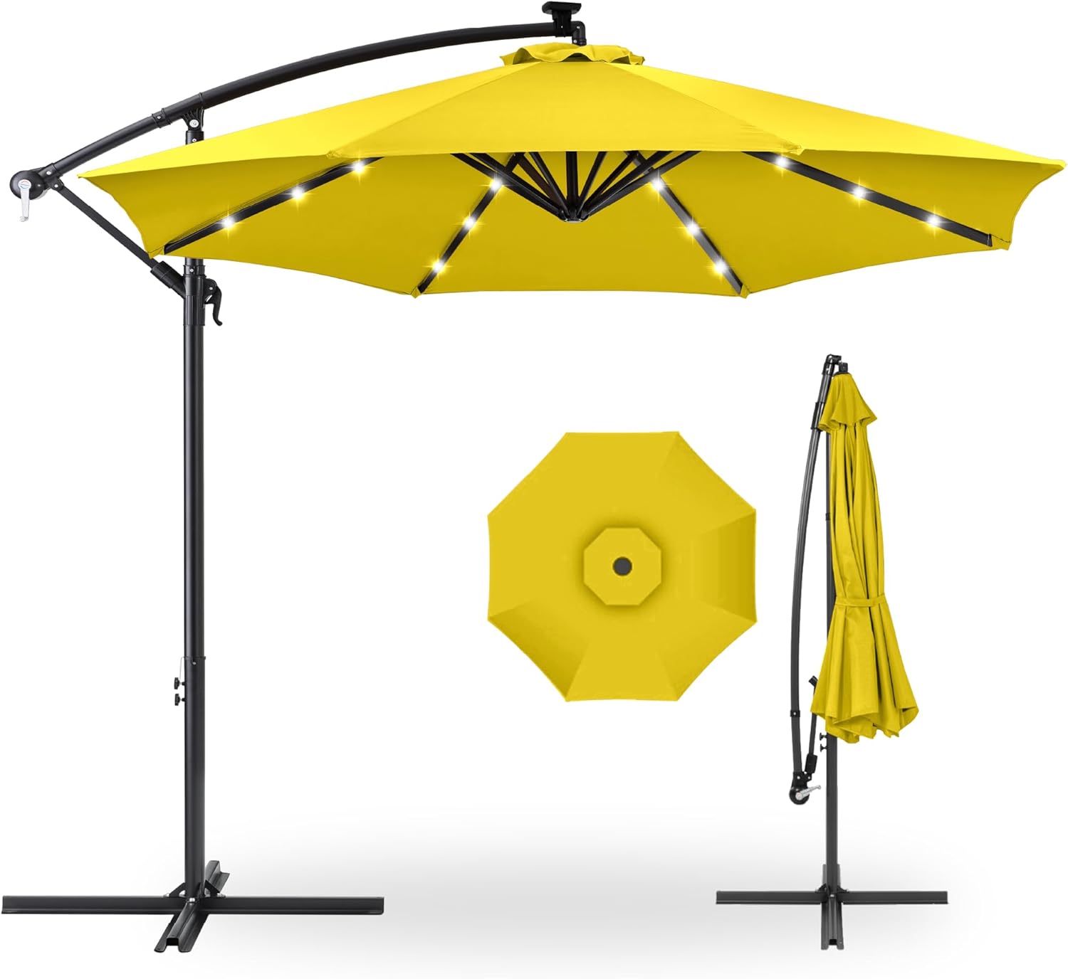 Best Choice Products 10ft Solar LED Offset Hanging Market Patio Umbrella for Backyard, Poolside, Lawn and Garden w/Easy Tilt Adjustment, Polyester Shade, 8 Ribs - Yellow
