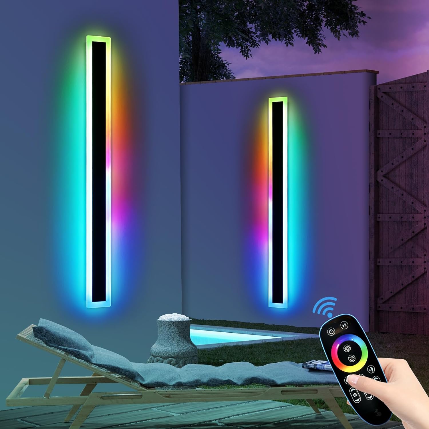 Widened 2 Pack Modern Exterior Lighting Fixtures, 57inch RGB Dimmable Outdoor Wall Sconces, 10 Colors, 5 Modes, IP65 Waterproof, Black Long LED Wall Mount Lights for Fence, Balcony, Garage