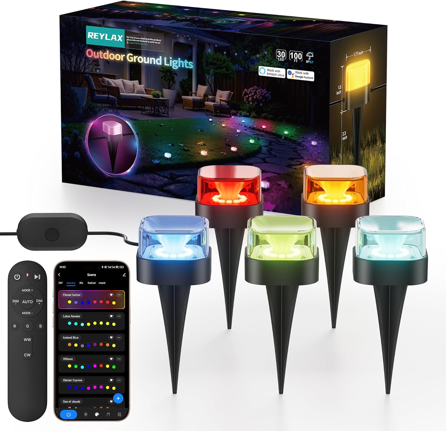 REYLAX 100FT Outdoor Ground Lights 30 Pack, RGB+IC Garden Lights with Warm and Cool White, IP67 Waterproof Pathway Light, Music Sync, Timing, App & Remote Control, Works with Alexa Google Assistant