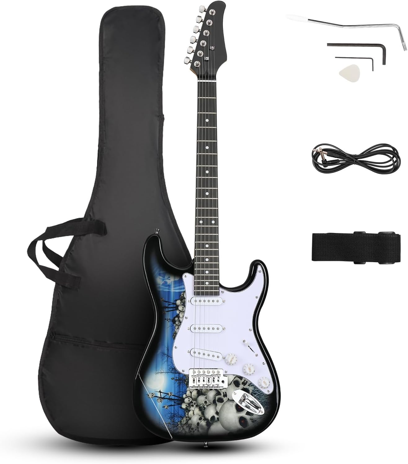 Ktaxon 39 Inch Electric Guitar, Full-Size Beginner Solid Body Guitar Kit with Gig Bag Strap Tremolo Bar Cable Picks (Blue & White)