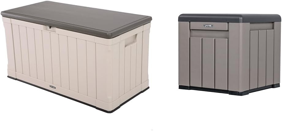 Lifetime 60186 Heavy-Duty Outdoor Storage Deck Box, 116 Gallon, Desert Sand/Brown & 60372U Outdoor Storage Cube Deck Box for Patio Furniture Cushions, Toys, Garden Tools, Pool Accessories, Gray