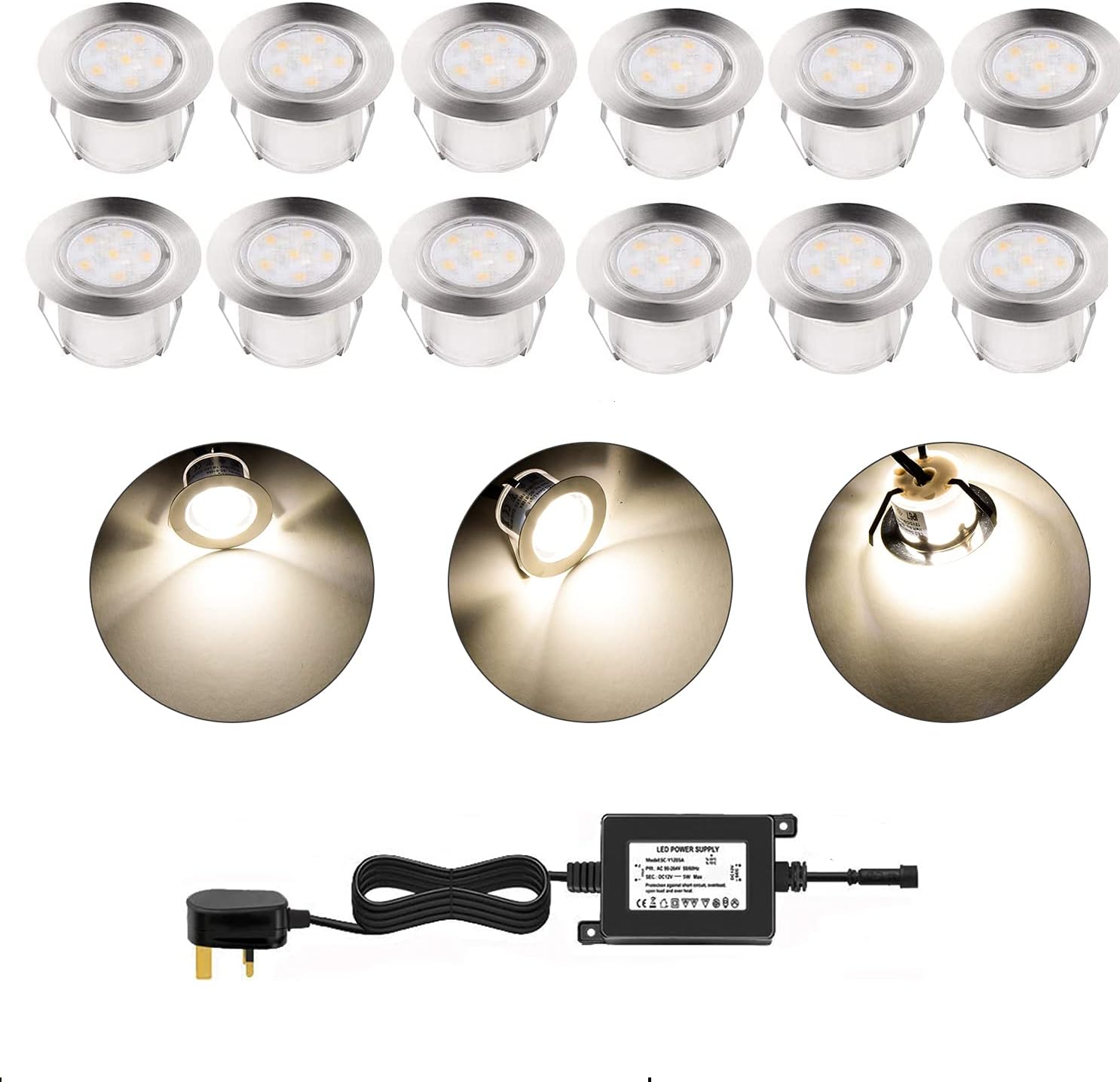 LED Outdoor Deck Lights Kits, Warm White Φ1.77in Low Voltage 12V DC IP67 Waterproof, Electric Wired Recessed Round Up Landscape Lighting for Outside Yard Stair Step Floor Riser, 12 Pack Silver