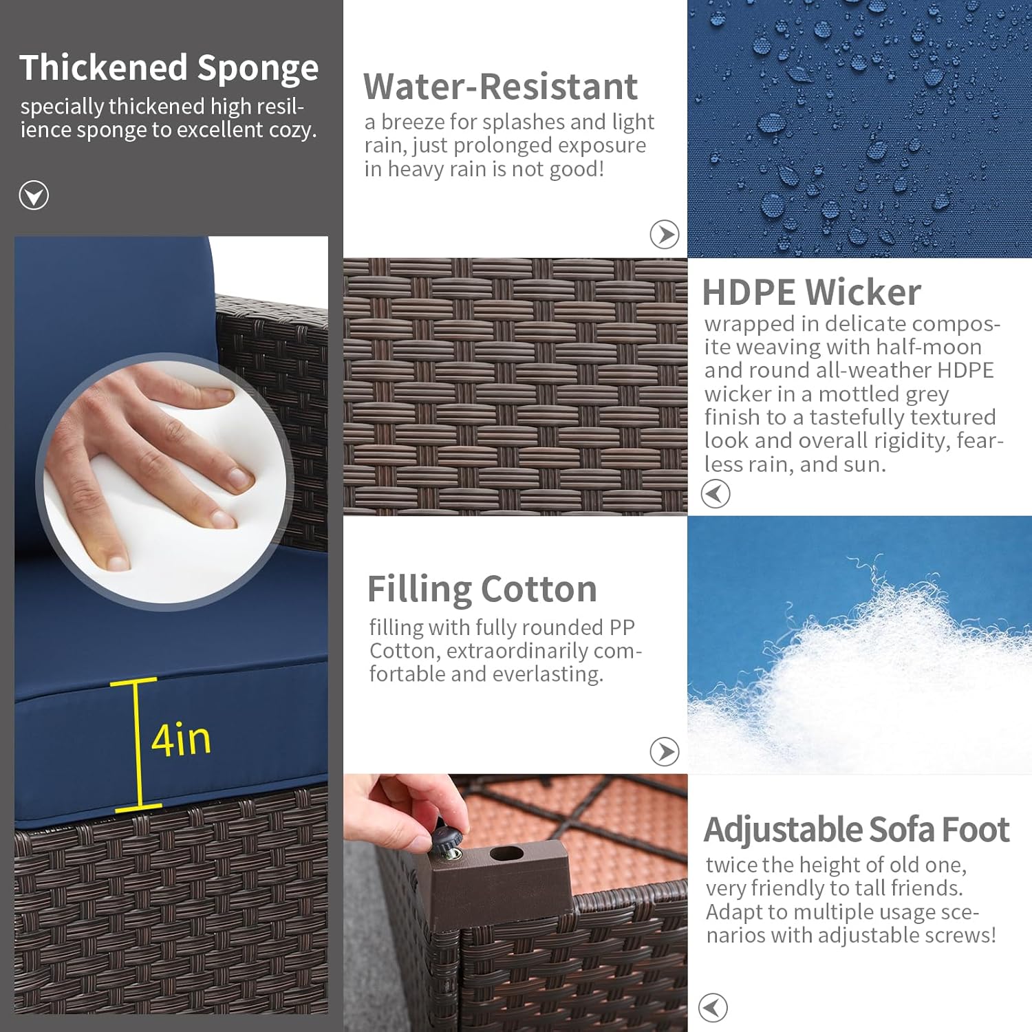 Rattaner 5-Piece Outdoor Patio Furniture 45 in Outdoor Fire Pits Patio Furniture Set 60000 BTU Outdoor Propane Fire Pit No-Slip Cushions Waterproof Covers, Navy Blue