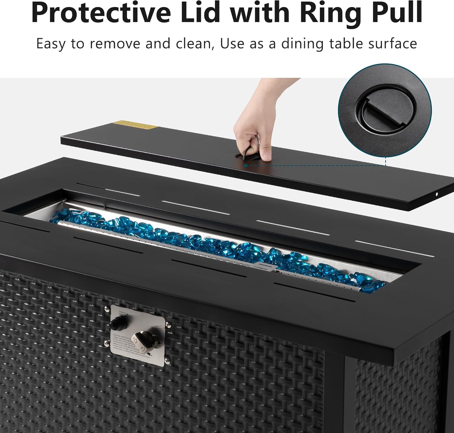 45 Inch Outdoor Propane Fire Pit Table with 200D Oxford Fabric Table Cover，50,000 BTU Gas Fire Pits for Outside Patio with Clear Blue Glass Wind Guard,Patio Fire Pit Table Iron Tabletop&Frame，Black