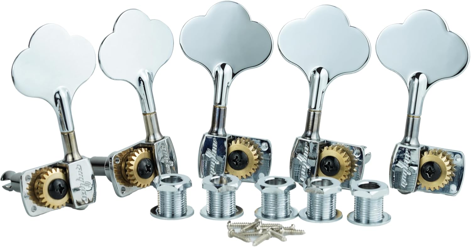 Guyker Bass Tuners (3R + 2L) - 1:22 Ratio Gear Open Frame Bass Drop Locking Machine Head Tuning Key Pegs Replacement for Electric Jazz Guitar Bass or Precision Instruments, BB100 Chrome