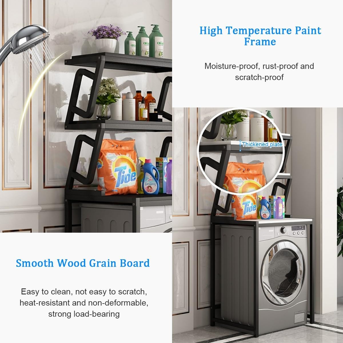 Tiers Washing Machine Storage Rack,Over The Washer and Dryer Storage Shelf,Space Saving Shelving Units,Laundry Room Storage Organizer,Drum Washing Machine Cabinet(Black White) Tumbl